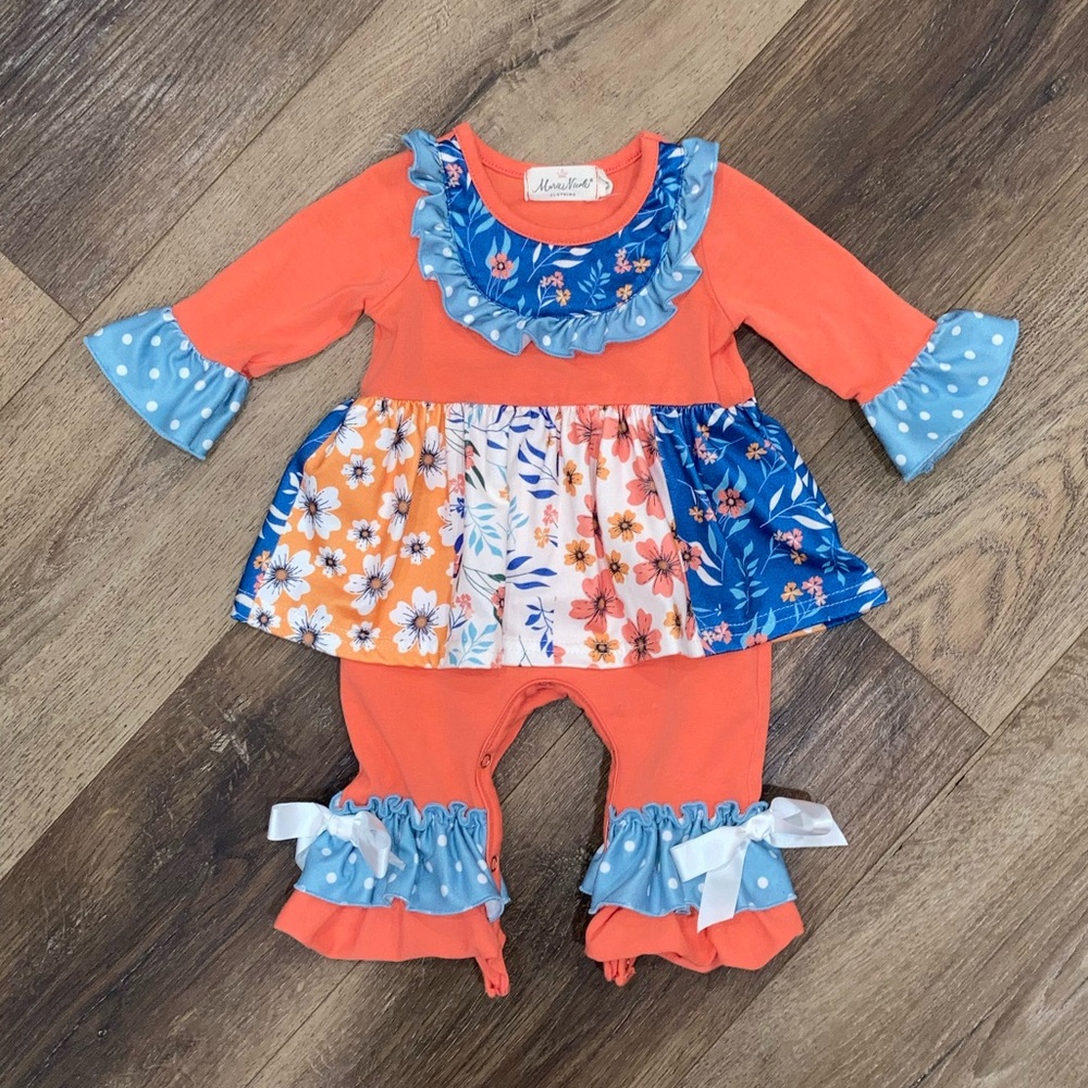 Marie Nicole Coral Floral Romper Ruffles Spring Outfit Bows 3-6m